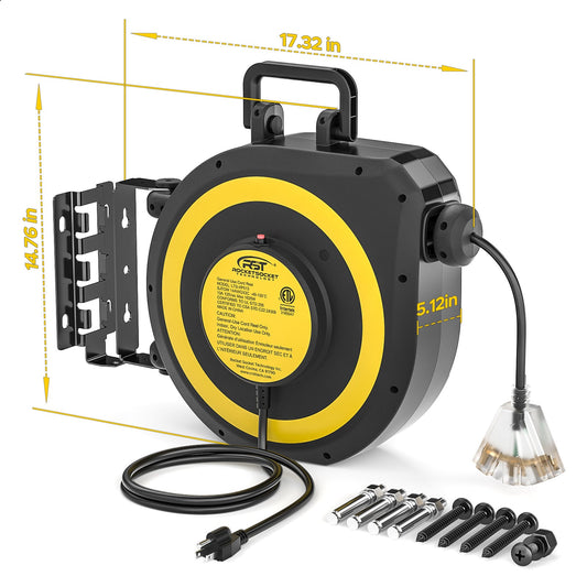 CRST 14AWG 50FT Retractable Extension Cord Reel with Handle 180ยฐ Swivel Bracket Automatic Retraction UL Listed 36 Months Warranty