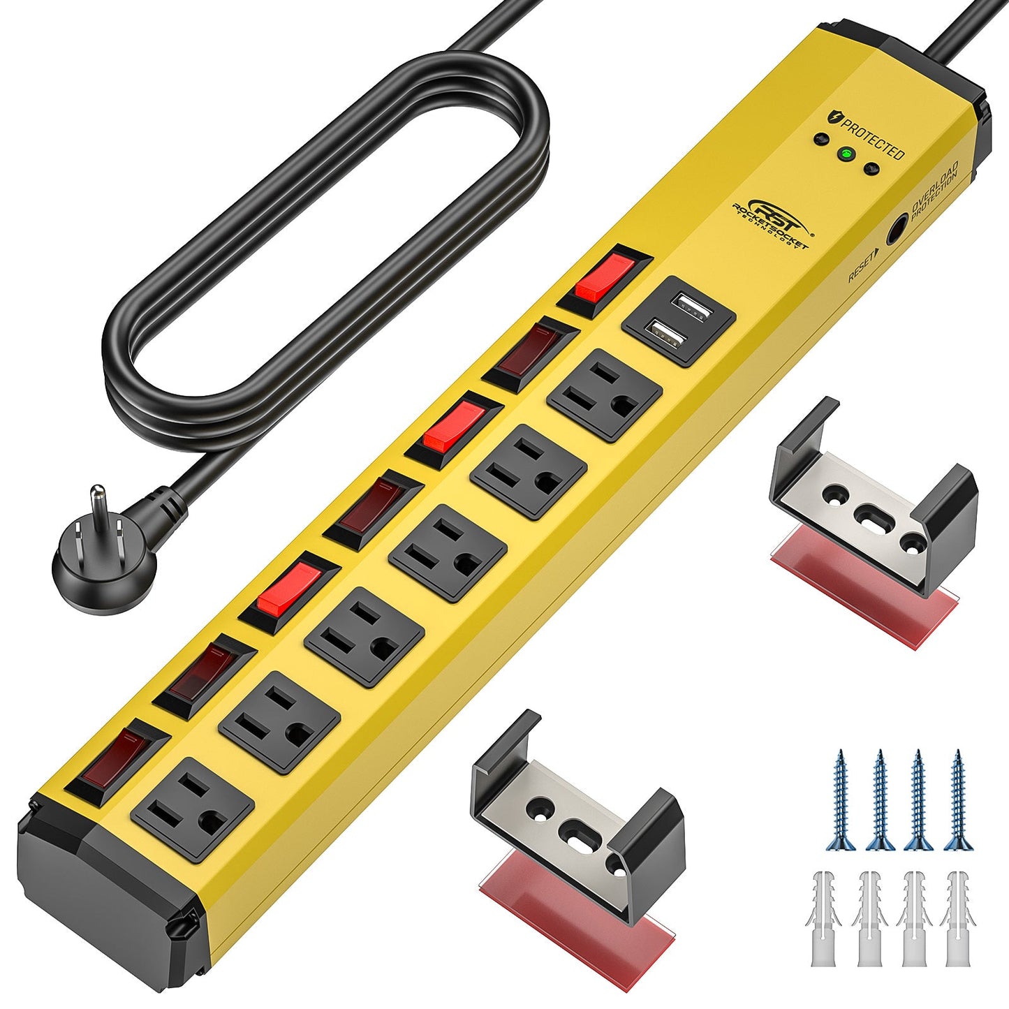 CRST 6 مآخذ فردية مفاتيح قابلة للتثبيت شريط طاقة معدني واقي من زيادة التيار مع منافذ USB مزدوجة كابل طاقة بطول 6 أقدام قابس مسطح