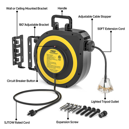 CRST 14AWG 50FT Retractable Extension Cord Reel with Handle 180ยฐ Swivel Bracket Automatic Retraction UL Listed 36 Months Warranty