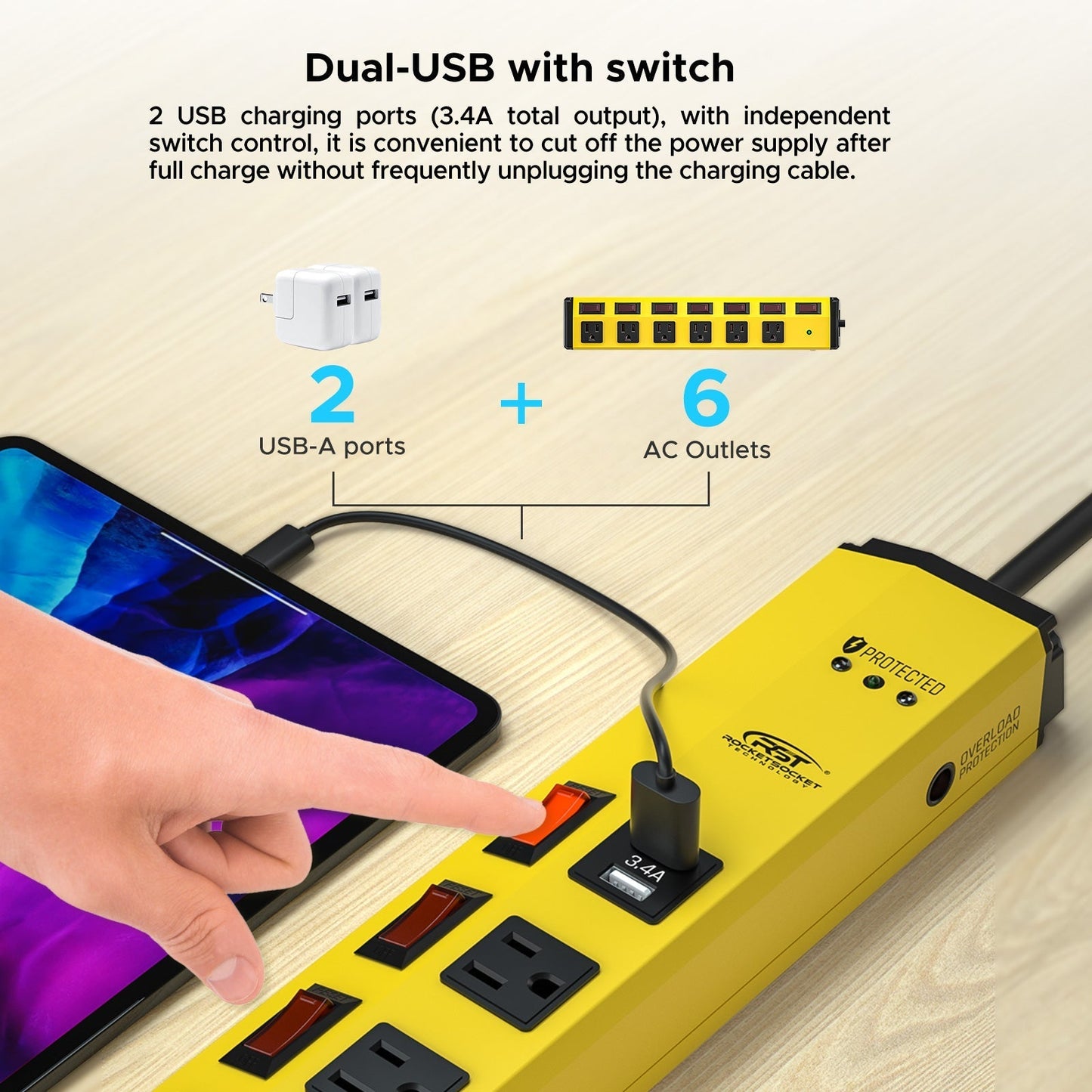 CRST 6 مآخذ فردية مفاتيح قابلة للتثبيت شريط طاقة معدني واقي من زيادة التيار مع منافذ USB مزدوجة كابل طاقة بطول 6 أقدام قابس مسطح