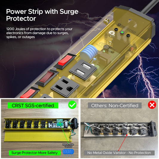 CRST 6 مآخذ فردية مفاتيح قابلة للتثبيت شريط طاقة معدني واقي من زيادة التيار مع منافذ USB مزدوجة كابل طاقة بطول 6 أقدام قابس مسطح